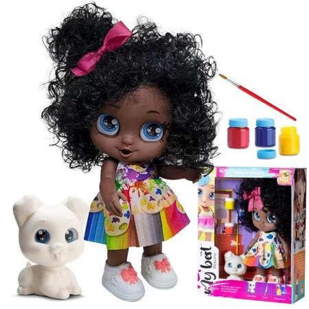 Imagem de Boneca My Best Negra Pintura Com Cachorrinho Tintas E Pincel Brinquedo Bee Toys