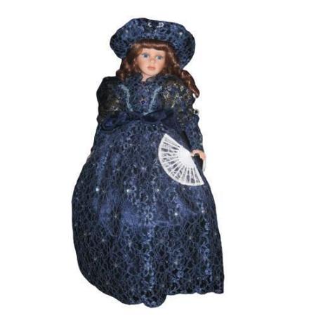 Boneca Antiga De Porcelana Com Roupa De Época Com Suporte