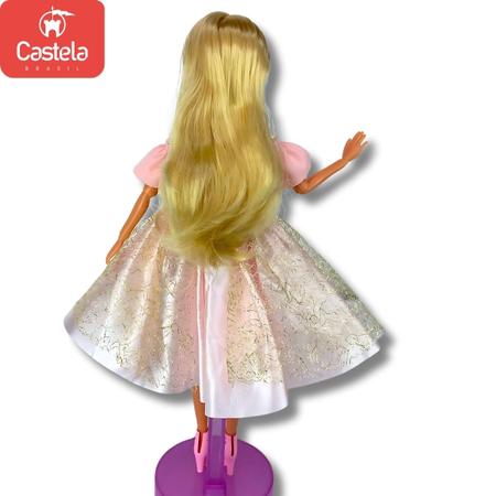 Imagem de Boneca Princesa Fashion Vestido Rosa Dourado Brilhante Style Acessórios Castela