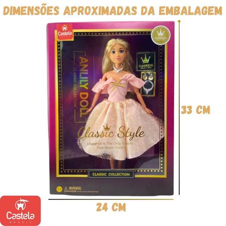 Imagem de Boneca Princesa Fashion Vestido Rosa Dourado Brilhante Style Acessórios Castela