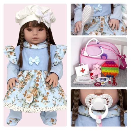 Boneca Realista de Silicone Cabelo Castanho com Acessórios - Cegonha Reborn Dolls Imagem de Boneca Realista de Silicone Cabelo Castanho com Acessórios