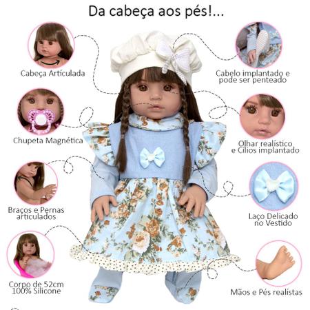 Boneca Realista de Silicone Cabelo Castanho com Acessórios - Cegonha Reborn Dolls Imagem de Boneca Realista de Silicone Cabelo Castanho com Acessórios