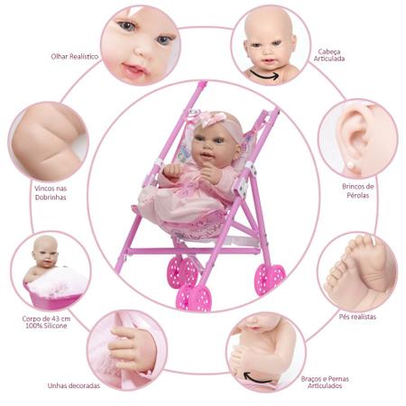 Boneca Reborn Realista Carequinha Fofa + Carrinho Infantil em