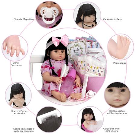 Boneca Reborn Cabelão 100% de Silicone Morena Com Acessórios Mamadeira  Chupeta Brinquedo Pelúcia Roupa Sapato REF 1002