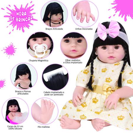 Boneca Morena Bebê Reborn De Silicone Com 16 Itens - Chic Outlet