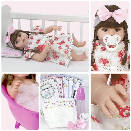 Boneca Reborn Realista 100% Silicone Cabelo Castanho + Itens - Cegonha Reborn Dolls Imagem de Boneca Reborn Realista 100% Silicone Cabelo Castanho + Itens