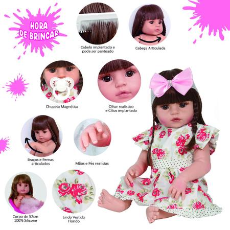 Boneca Reborn Realista 100% Silicone Cabelo Castanho + Itens - Cegonha Reborn Dolls Imagem de Boneca Reborn Realista 100% Silicone Cabelo Castanho + Itens