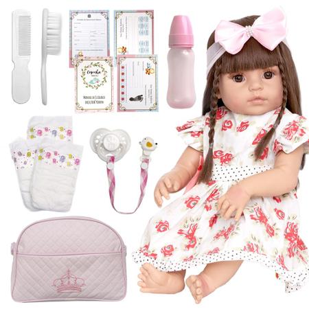 Boneca Reborn Realista Laura Cabelo Castanho com 14 Itens - Cegonha Reborn Dolls Imagem de Boneca Reborn Realista Laura Cabelo Castanho com 14 Itens