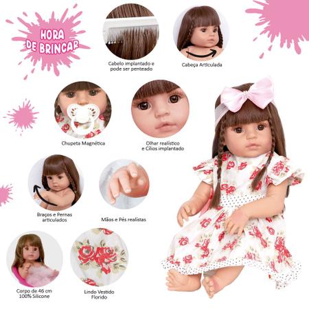 Boneca Reborn Realista Laura Cabelo Castanho com 14 Itens - Cegonha Reborn Dolls Imagem de Boneca Reborn Realista Laura Cabelo Castanho com 14 Itens