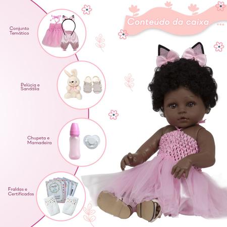 Boneca Tipo Reborn Bebê Realista Negra Completa 20 Itens
