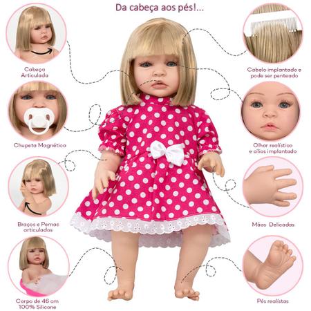 Boneca Bebe Reborn Loira Corpo de Silicone Enxoval 20 Itens - Chic