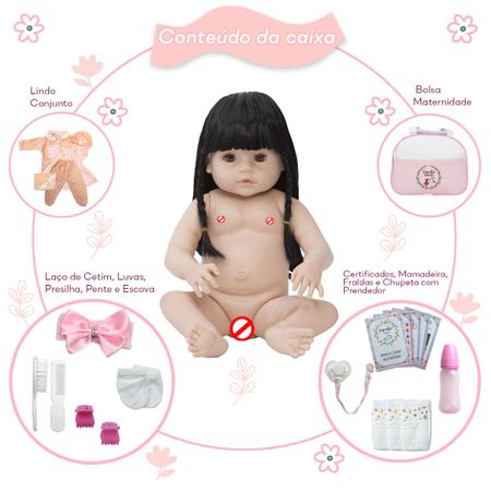 Boneca Bebê Reborn Silicone Com Pente, Escova e Prendedor Cor: ; Tamanho:  55;