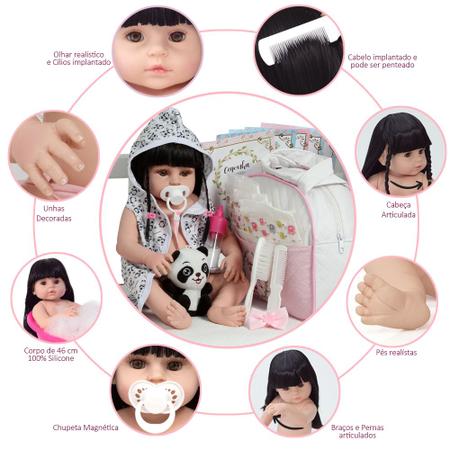 Boneca Reborn Recém Nascida Morena Roupão Pandinha Linda - Cegonha Reborn Dolls Imagem de Boneca Reborn Recém Nascida Morena Roupão Pandinha Linda