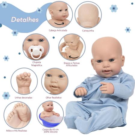 Boneco Bebe Reborn Realista Menino Careca Com Kit 10 Itens - USA Magazine