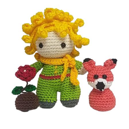 Imagem de Boneco Pequeno Princípe + Raposa + Rosa de Crochê 17cm