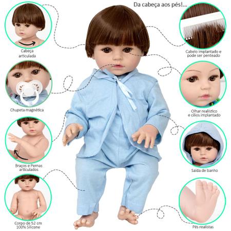 Boneco Reborn de Silicone Menino Cabelo Castanho 16 Itens - Cegonha Reborn Dolls Imagem de Boneco Reborn de Silicone Menino Cabelo Castanho 16 Itens
