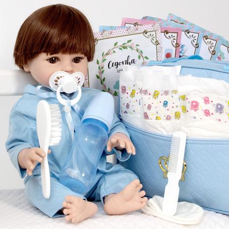 Boneco Reborn de Silicone Menino Cabelo Castanho 16 Itens - Cegonha Reborn Dolls Imagem de Boneco Reborn de Silicone Menino Cabelo Castanho 16 Itens