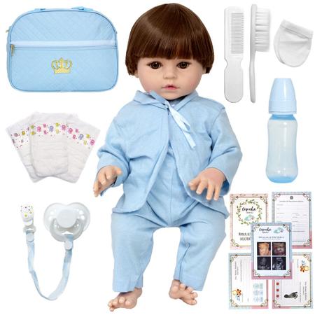 Boneco Reborn de Silicone Menino Cabelo Castanho 16 Itens - Cegonha Reborn Dolls Imagem de Boneco Reborn de Silicone Menino Cabelo Castanho 16 Itens