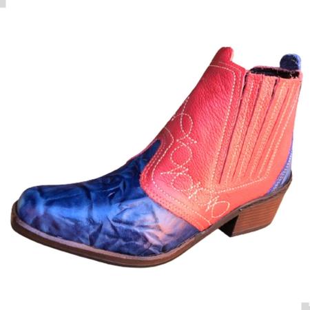 Imagem de Bota Country Cowboy Texana Masculina 2 Duas Cores Vermelho Azul Botina Couro Solado Costurado 3736