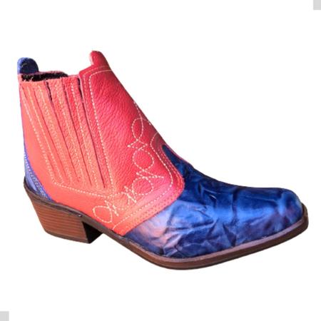 Imagem de Bota Country Cowboy Texana Masculina 2 Duas Cores Vermelho Azul Botina Couro Solado Costurado 3736