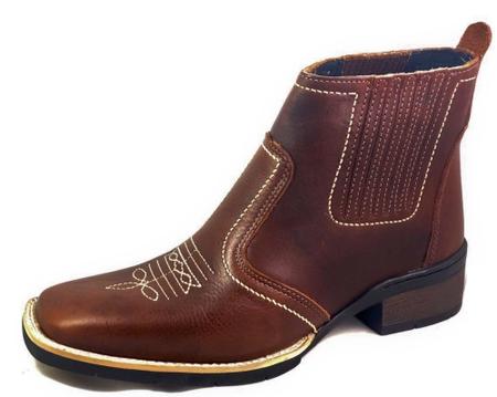 Imagem de Bota Country Texana Vaquejada Masculina Cor Marrom Couro Botina Bico Quadrado Solado Costurado 3140