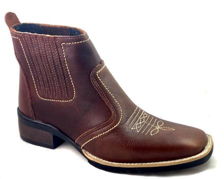 Bota Country Texana Vaquejada Masculina Cor Marrom Couro Botina Bico Quadrado Solado Costurado 3140 - CAMPOLINA Imagem de Bota Country Texana Vaquejada Masculina Cor Marrom Couro Botina Bico Quadrado Solado Costurado 3140