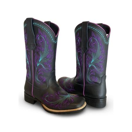 Imagem de Bota Feminina Texana Preto e Roxo Country Lançamento  Fazendeira Boiadeira Festa Pião Roça Cavalo