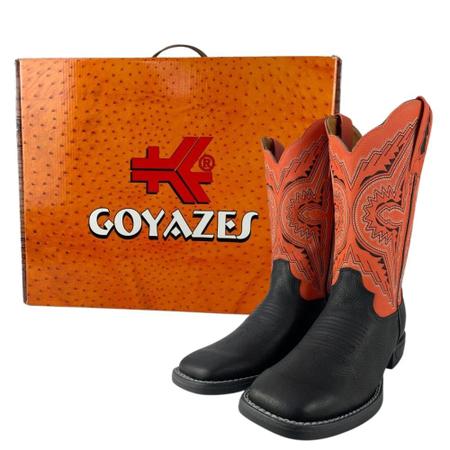 Imagem de Bota Texana Masculina Original Goyazes Couro Pit Stop Preto Orange Bico Quadrado Flex Preto - Ref. 241504-CF