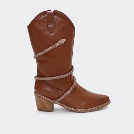Bota Western Couro Feminina Cobra Strass Cano Alto Country