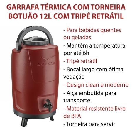 Imagem de Botijão Galão Térmico 12 Litros Tripé com Torneira Garrafa para Café Leite Água Quente Frio
