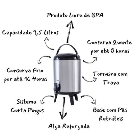 Imagem de Botijão Garrafão Térmico Inox 9,5 Litros Hotel Pousada Restaurante Conserva Quente 8 Hrs Fria Gelada 16 Horas Paramount