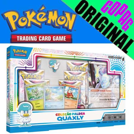 Box Pokémon Coleção Paldea Quaxly com Broche e Carta Gigante Miraidon EX  Copag