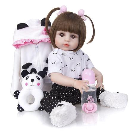 Brastoy Boneca Bebê Reborn Silicone Menina Panda Olhos Castanhos