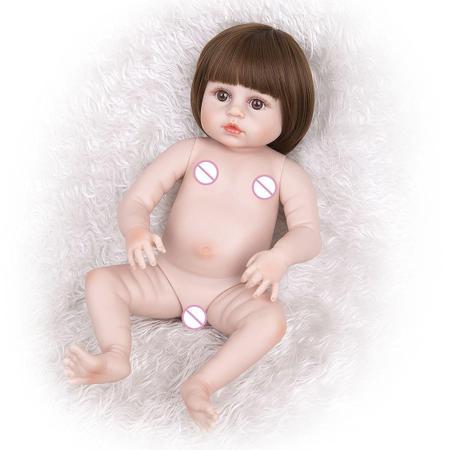 Boneca Bebê Reborn Silicone Menina Olhos Castanhos 48cm Com