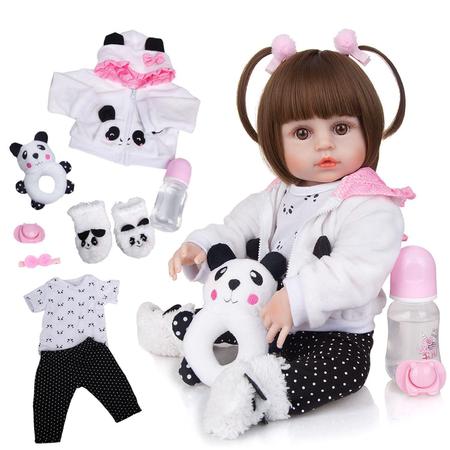 Boneca Bebê Reborn Silicone Menina Olhos Castanhos 48cm Com