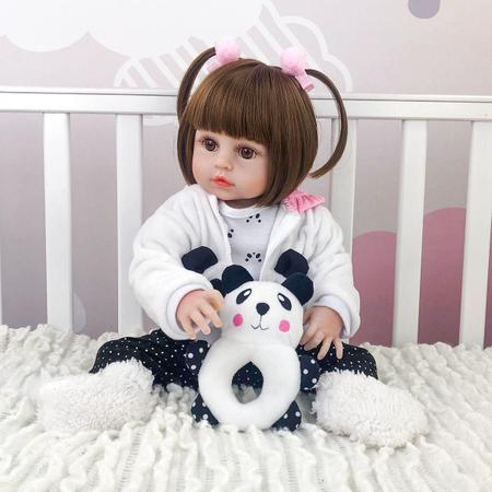 Brastoy Boneca Bebê Reborn Silicone Menina Panda Olhos Castanhos