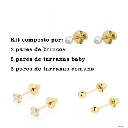 Imagem de Brinco Bebê Antialérgico Kit 3 Pares Banho Ouro 18k