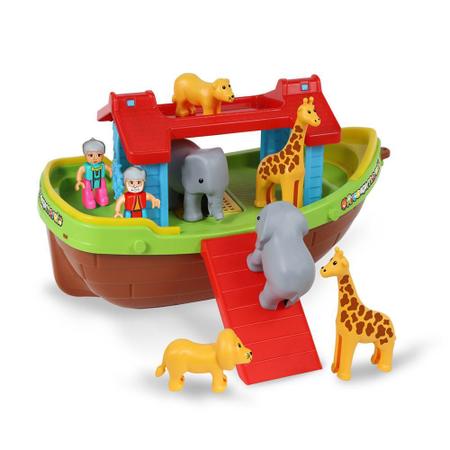 Imagem de Brinquedo Arca de Noé Navio Barco Infantil Maral Com Rodinhas Animais 22 Peças