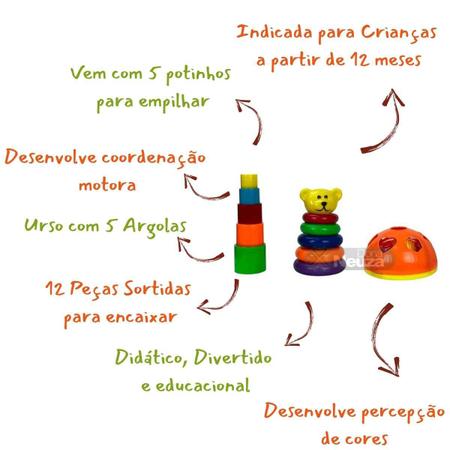 Jogo De Argolas Ursinho Para Bebês +1 Ano 12 Meses Didático Empilhar  Coordenação Educativo Pedagógico Presente - Pica Pau - Brinquedos  Educativos - Magazine Luiza