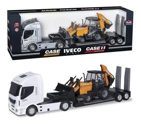 Brinquedo Caminhão Iveco Hi Way Plataforma Retroescavadeira Case  Construction Cinza