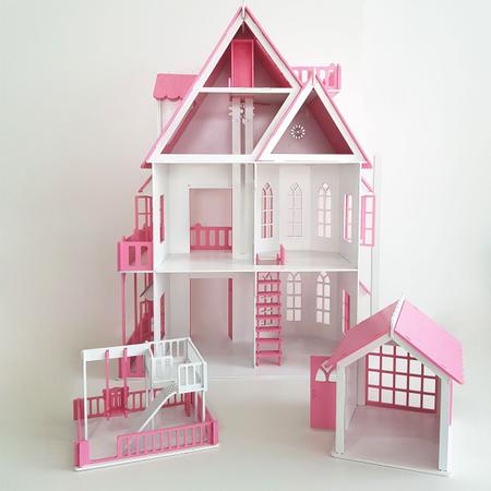 Imagem de Brinquedo Casinha De Mini Boneca Rosa MDF 4 Andares Parquinho 24 Móveis Casa Sulartes