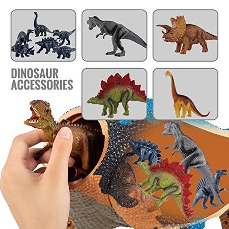 Imagem de Brinquedo de dinossauro grande TEMI para crianças e crianças pequenas, Jumbo Tyrannosaurus Rex com spray de névoa, luz LED e sons estrondosos - um grande T-Rex oco armazenado com 4 dinossauros pintados à mão e 6 mini dinossauros