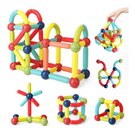 Imagem de Brinquedo Educativo Infantil Bloco de Montar Magnético 120 Peças Coloridas C/ Bolsa de Armazenamento