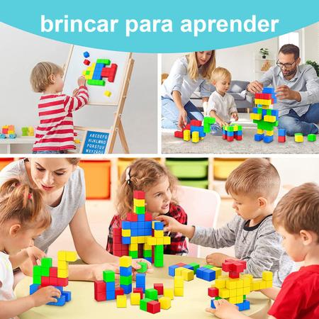 Imagem de Brinquedo Educativo Infantil Bloco de Montar Magnético 48 Peças Coloridas Brastoy C/ Bolsa de Armazenamento