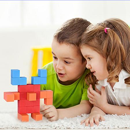 Imagem de Brinquedo Educativo Infantil Bloco de Montar Magnético 48 Peças Coloridas Brastoy C/ Bolsa de Armazenamento