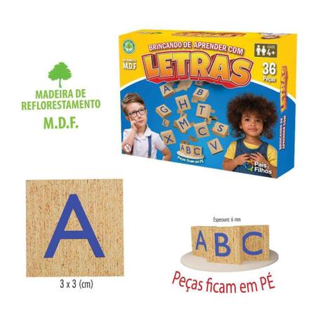 Imagem de Brinquedo Infantil Jogo Brincando De Aprender Com Letras De Madeira 36 Peças Pais e Filhos