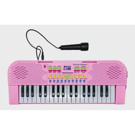 Teclado de brincar infantil com banco/microfone, 37 teclas, rosa