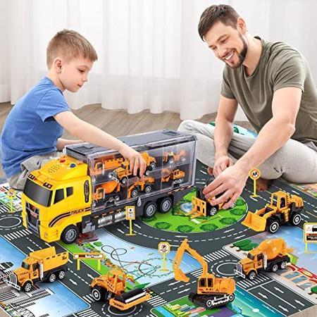 Imagem de Brinquedos infantis TEMI para meninos de 3, 4 5 6 anos, brinquedos de construção fundidos, conjunto de brinquedos para veículos com tapete de brincar, brinquedos infantis, caminhão, liga de metal, brinquedos para carros de 3 a 9 anos, crianças, menin