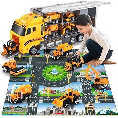 Imagem de Brinquedos infantis TEMI para meninos de 3, 4 5 6 anos, brinquedos de construção fundidos, conjunto de brinquedos para veículos com tapete de brincar, brinquedos infantis, caminhão, liga de metal, brinquedos para carros de 3 a 9 anos, crianças, menin