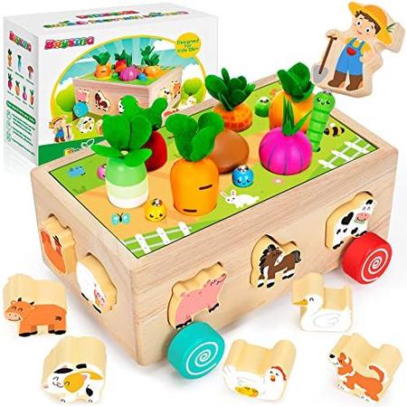 Brinquedos Montessori infantis para meninos e meninas de 2,3 anos, brinquedos educativos de forma de madeira com legumes & blocos de animais de fazenda, jogo de habilidades motoras finas, presente ideal para
